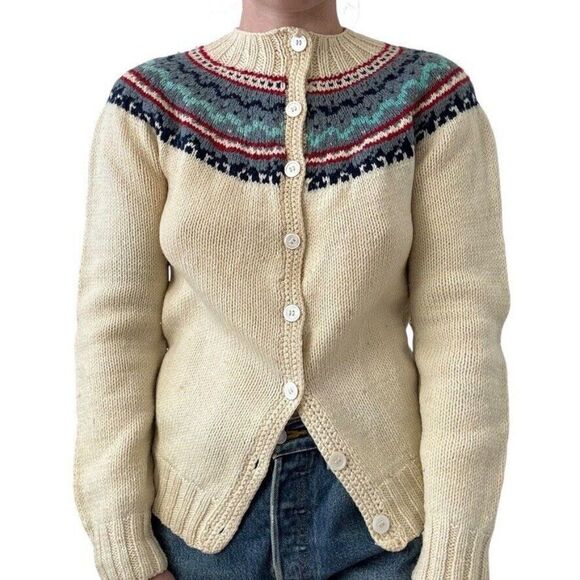 Vintage 1970s Womens Hand Knit 100% Wool Fair Isle Hippie Cardigan Sweater Sz M - Picture 4 of 7